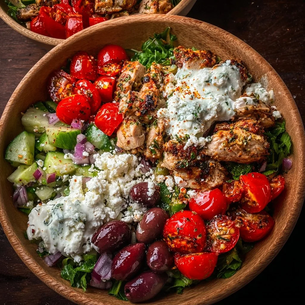 Delicious Greek chicken bowls with fresh vegetables and savory toppings.