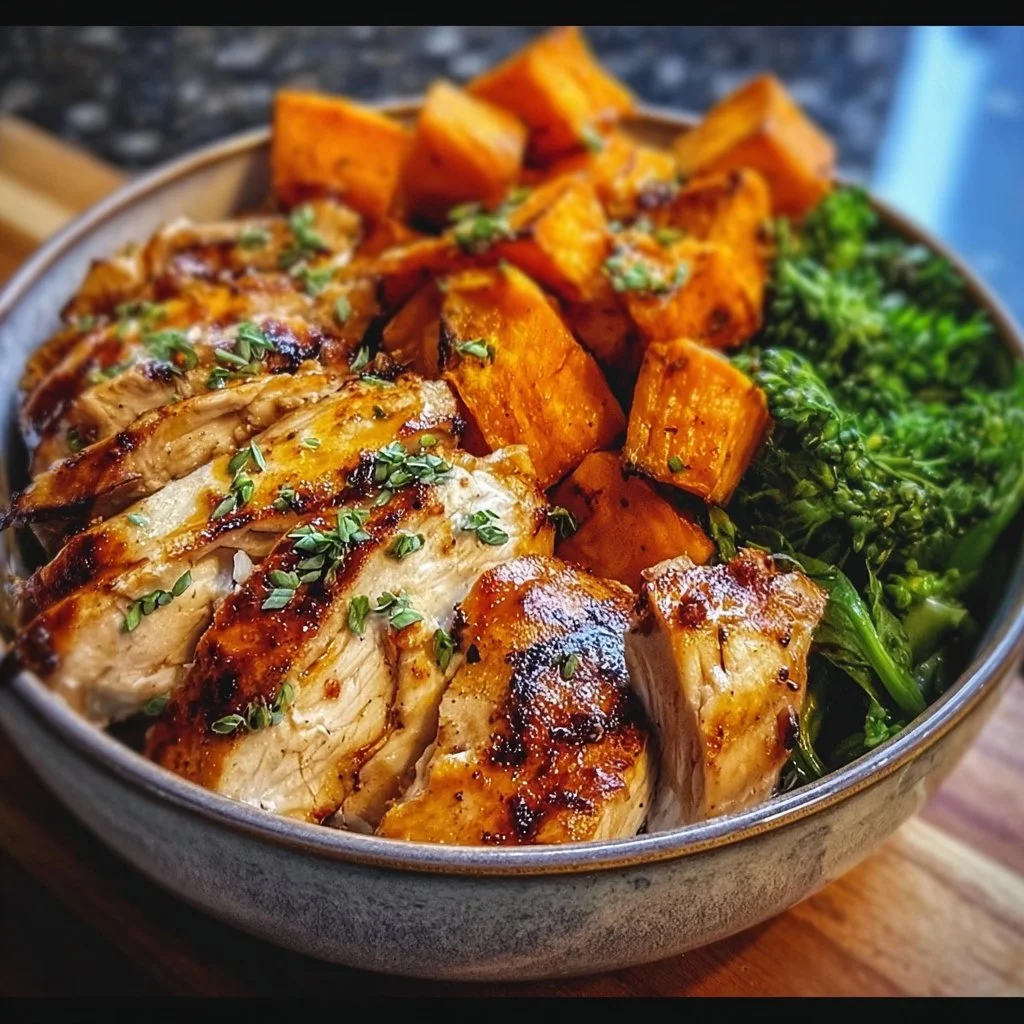 Grilled chicken served in a vibrant sweet potato bowl with fresh vegetables