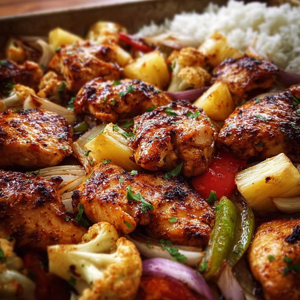 Easy Hawaiian chicken sheet pan recipe with vibrant vegetables and sweet flavors.