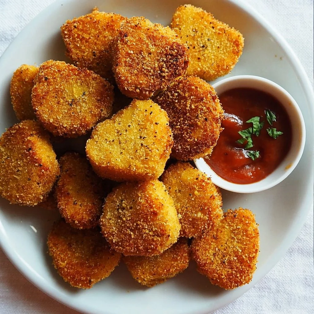 Healthy vegan chickpea nuggets served on a plate with dipping sauce