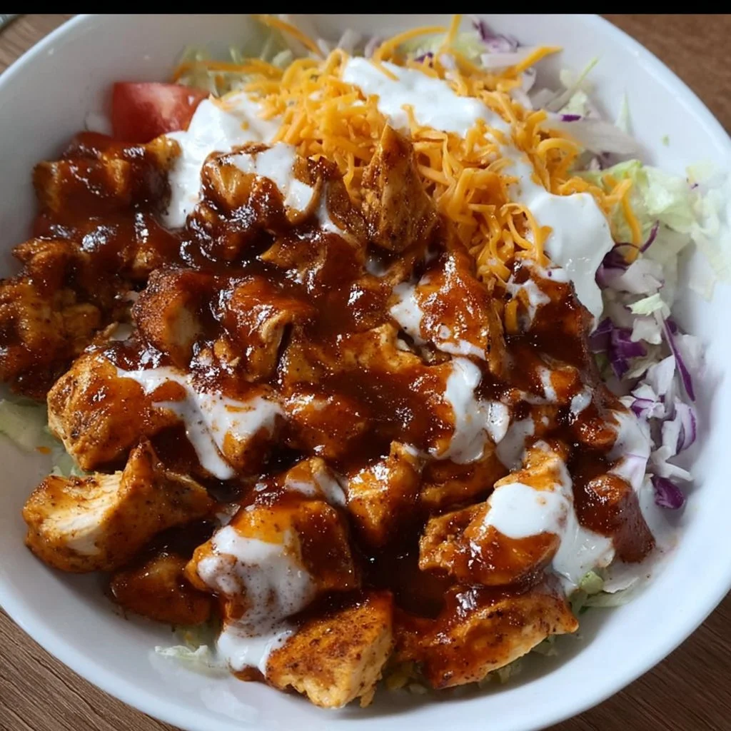 High Protein BBQ Ranch Chicken Bowl with grilled chicken, BBQ sauce, and fresh veggies