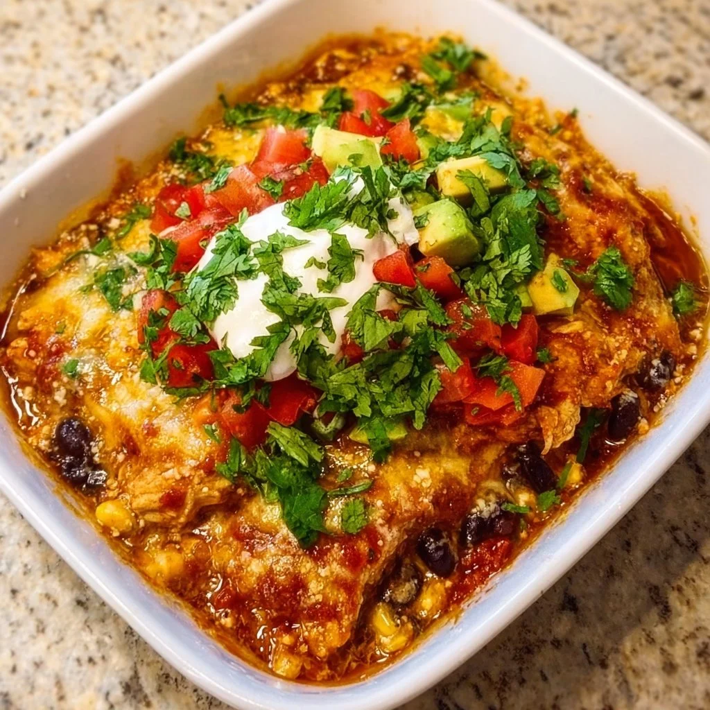 High-protein chicken enchilada bowl with cottage cheese and colorful toppings