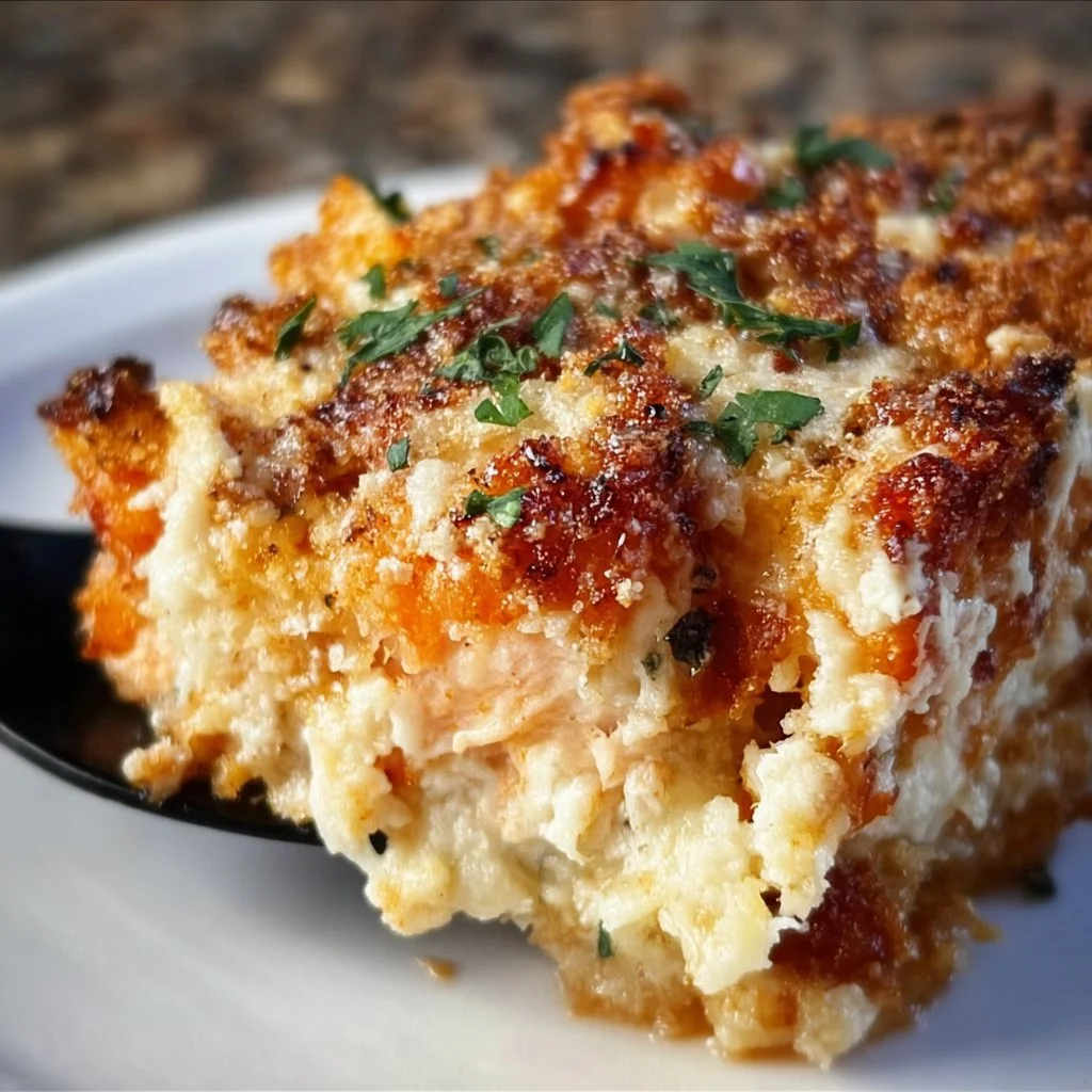 High protein chicken parmesan casserole dish topped with melted cheese and herbs