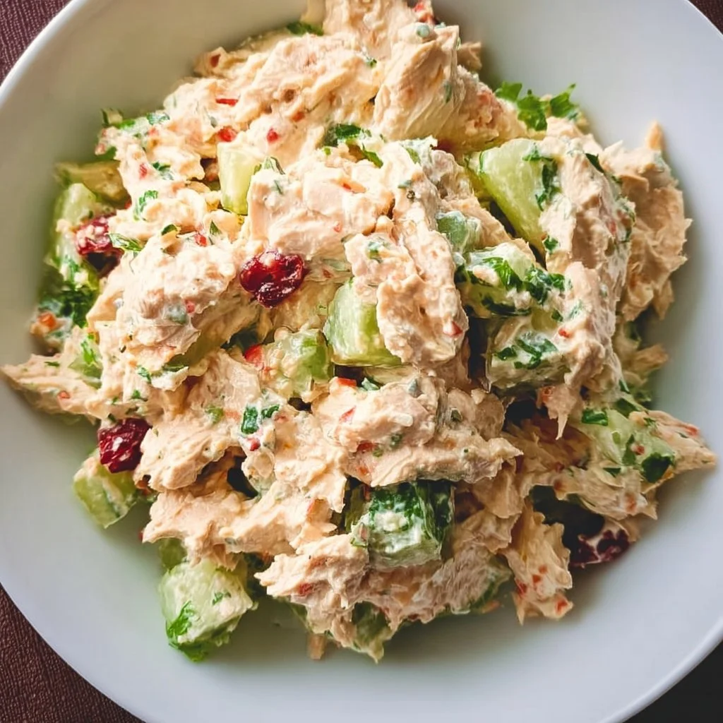 High protein chicken salad with fresh ingredients and dressing