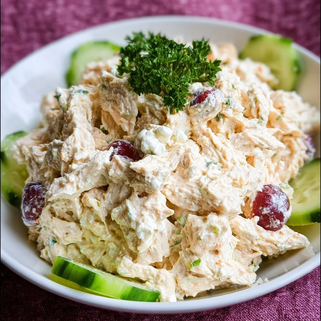 High protein cottage cheese chicken salad in a bowl, garnished with fresh herbs.