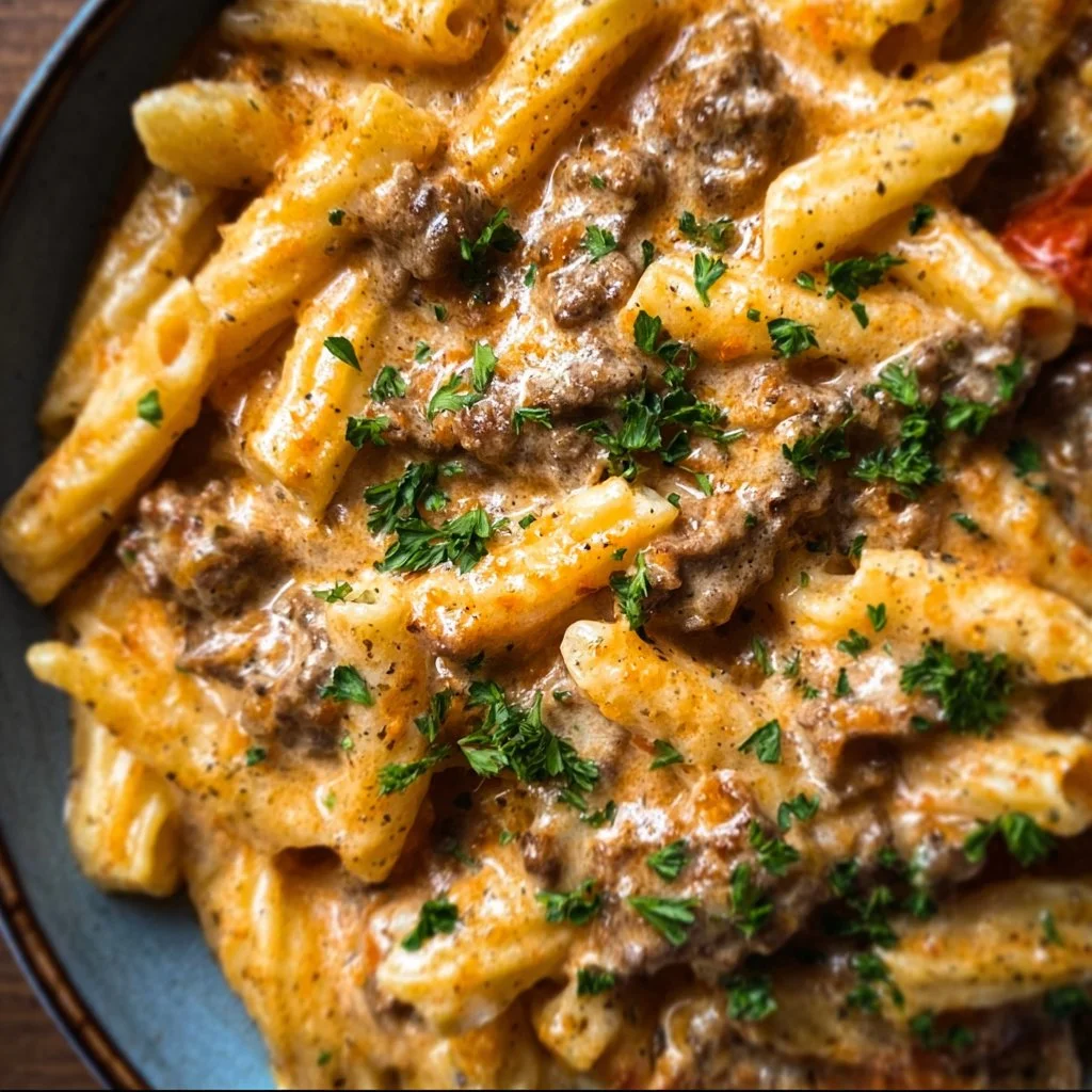 Creamy beef pasta served in a bowl for a quick weeknight dinner recipe