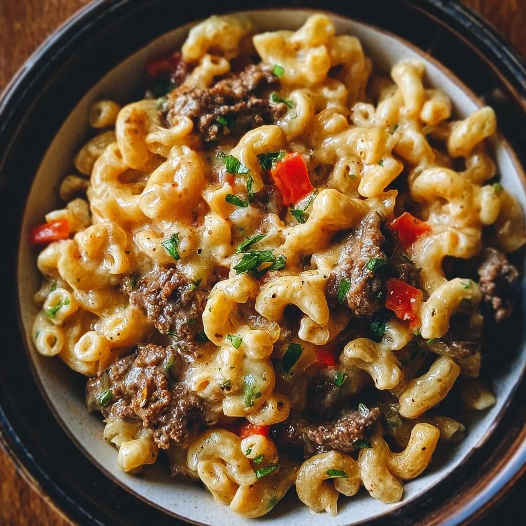 Delicious high-protein creamy Philly cheesesteak mac and cheese served in a bowl