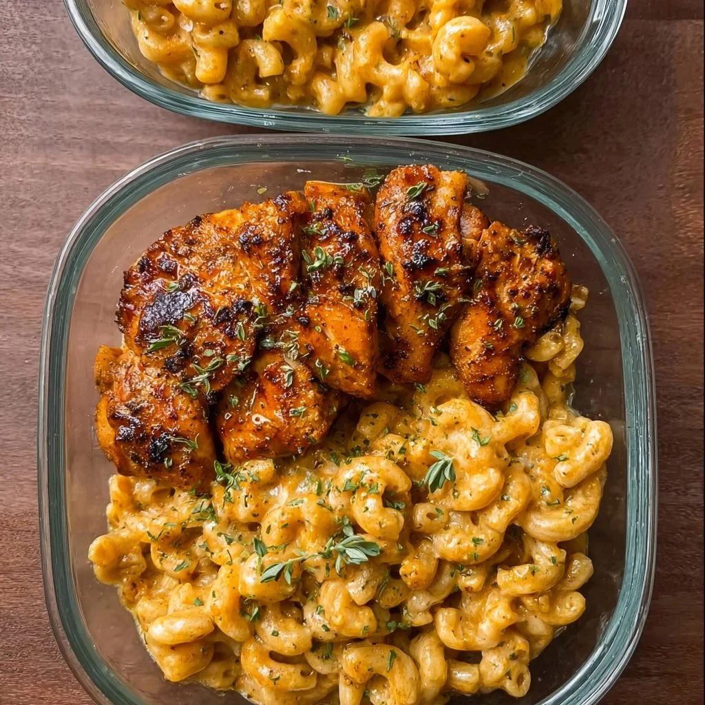 High-protein honey garlic butter chicken served with mac and cheese