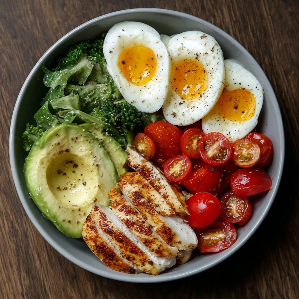A variety of high protein lunch ideas including salads, wraps, and bowls
