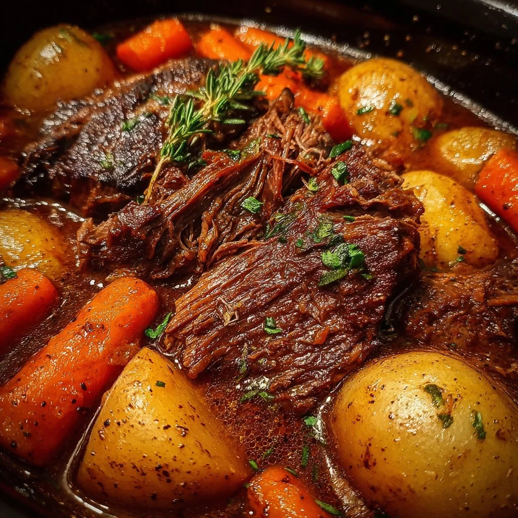 A delicious 5-star pot roast cooked in a slow cooker, served with vegetables.