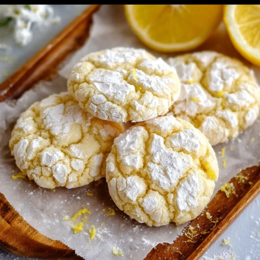 Freshly baked Lemon Crinkle Cookies dusted with powdered sugar.