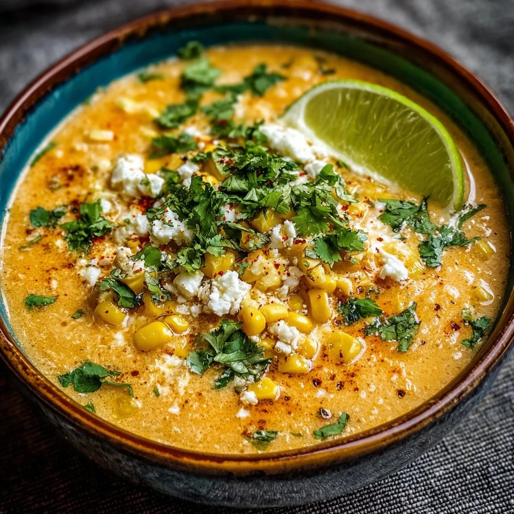 Bowl of delicious Mexican Street Corn Soup topped with cilantro and lime.