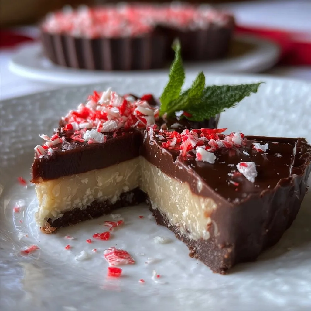 No bake peppermint tart topped with whipped cream and chocolate shavings