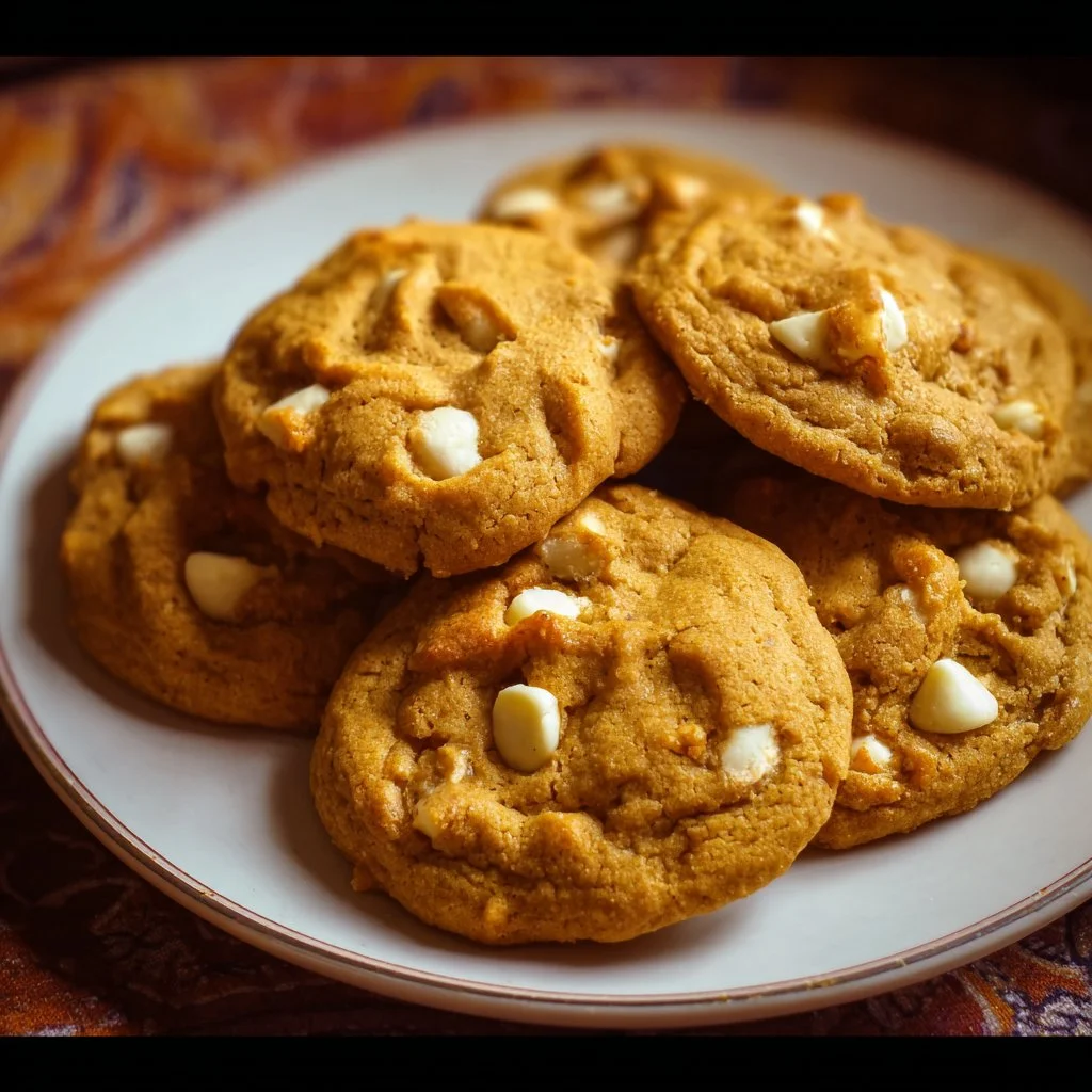 Freshly baked pumpkin white chocolate chip cookies on a plate