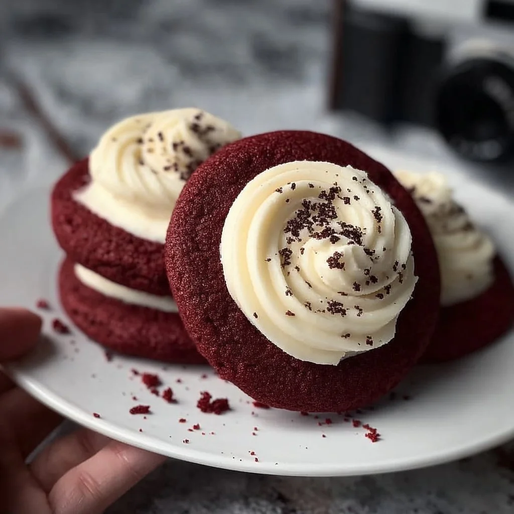 Red velvet cookies with cream cheese frosting on a decorative plate