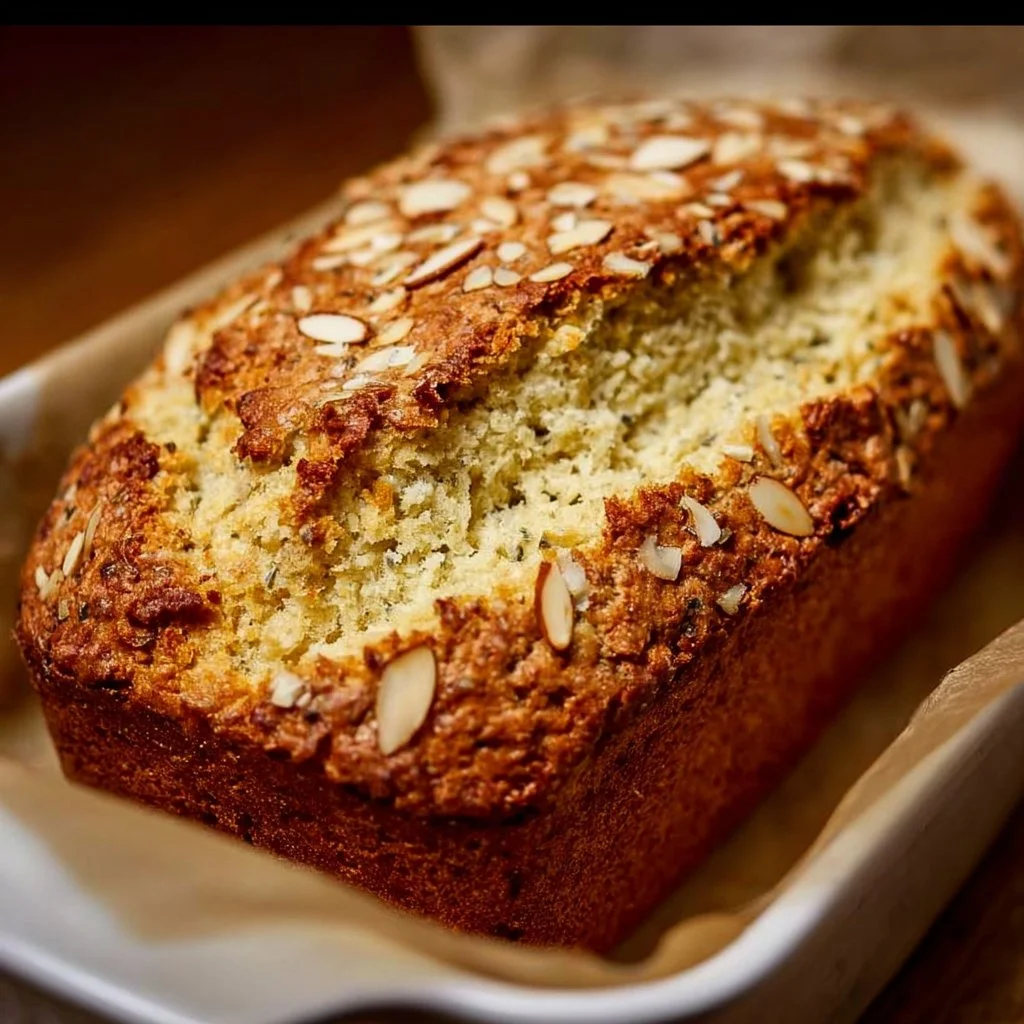Loaf of freshly baked savory almond flour bread on a wooden cutting board