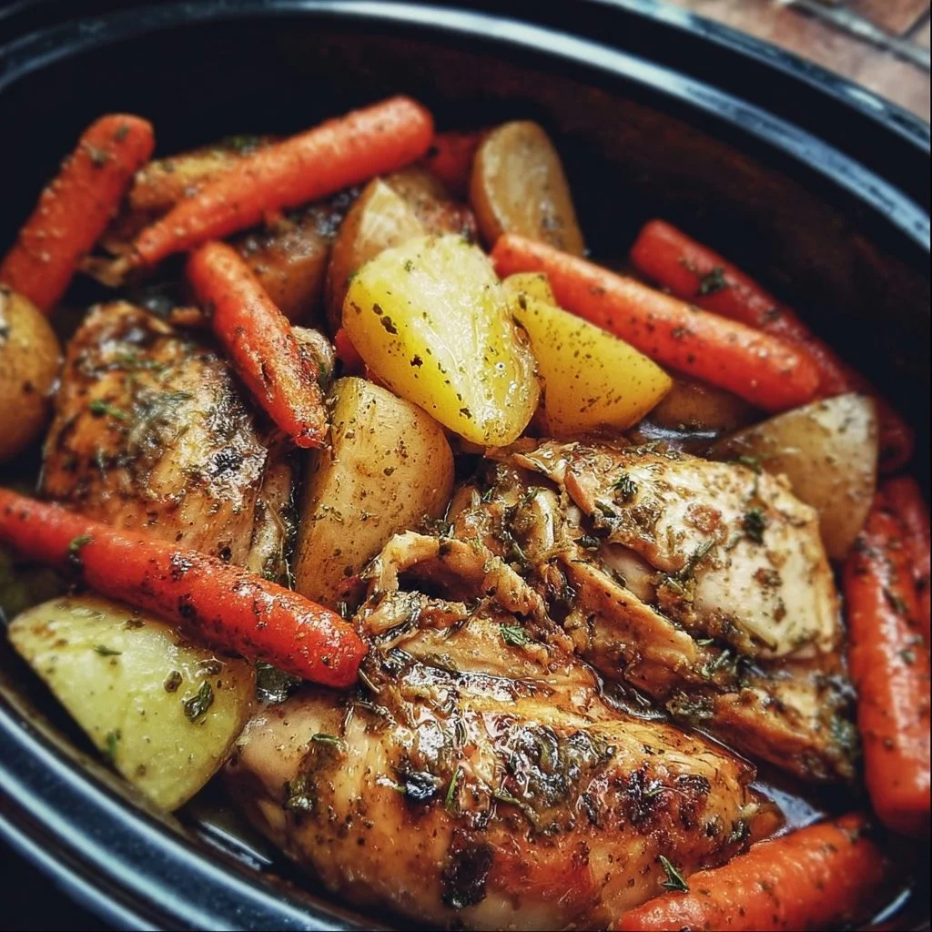 Slow cooker garlic butter chicken served with fresh veggies in a savory sauce