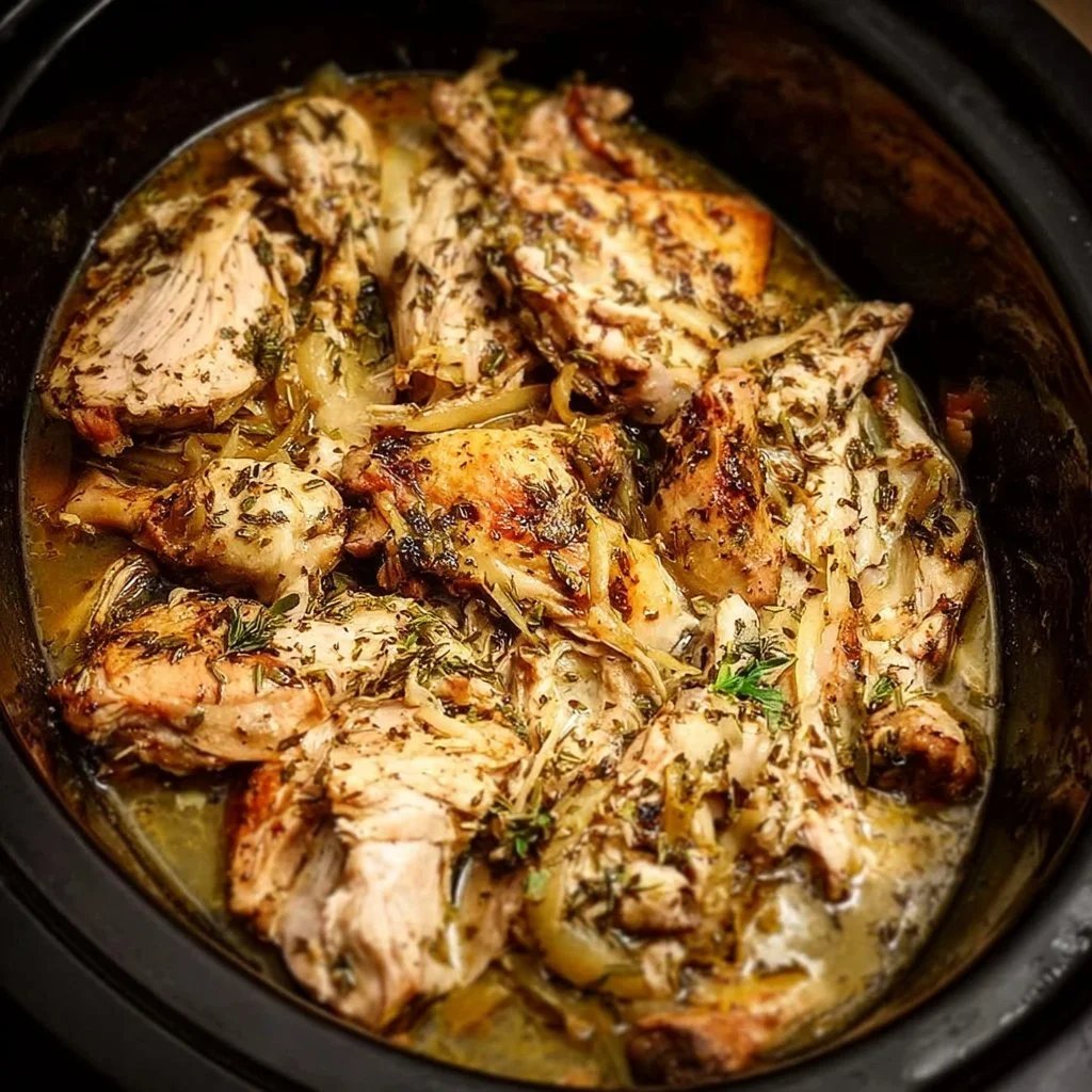 Slow Cooker Greek Chicken served with herbs and vegetables