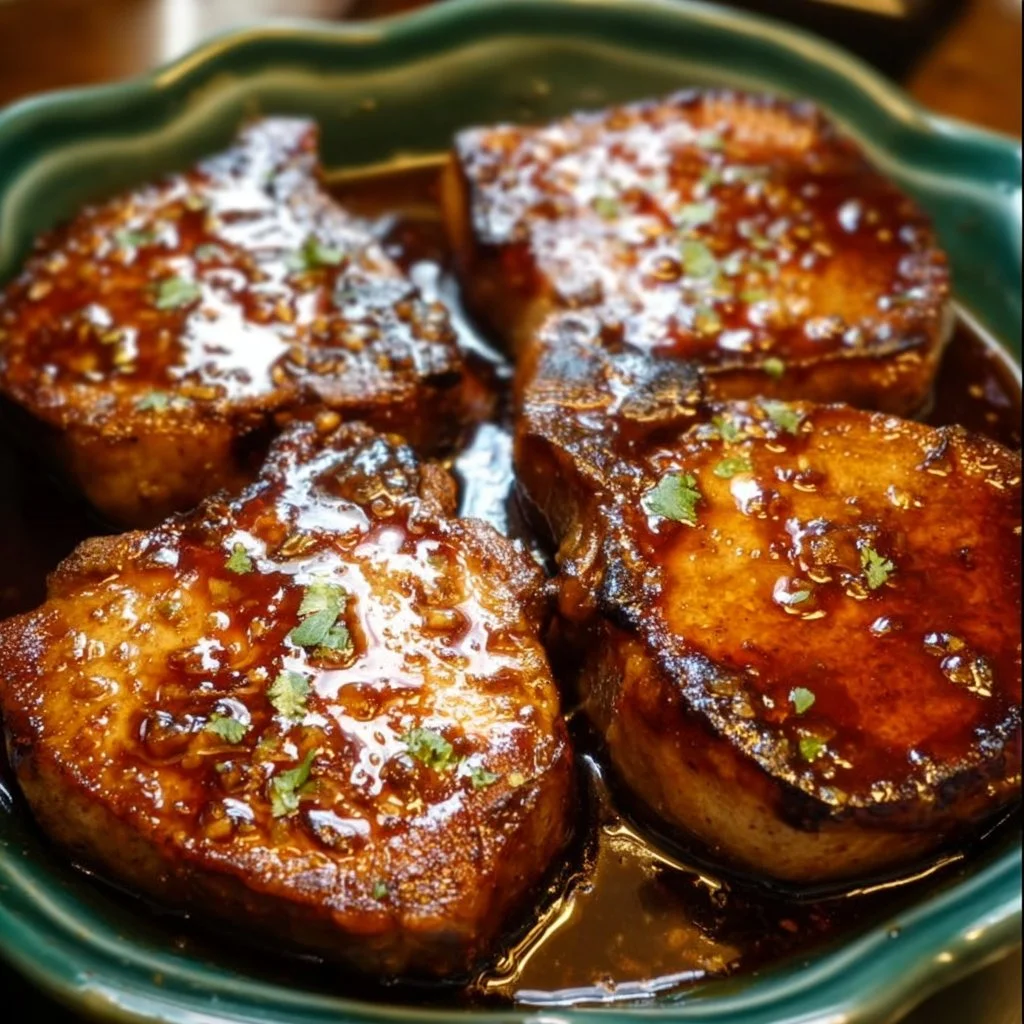 Slow Cooker Honey Garlic Pork Chops served on a plate with garnish
