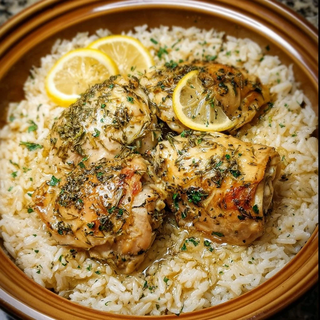 Slow Cooker Lemon Herb Chicken served with fluffy rice on a plate