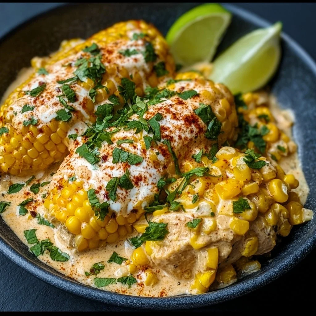 Bowl of creamy slow cooker street corn chicken garnished with fresh cilantro.