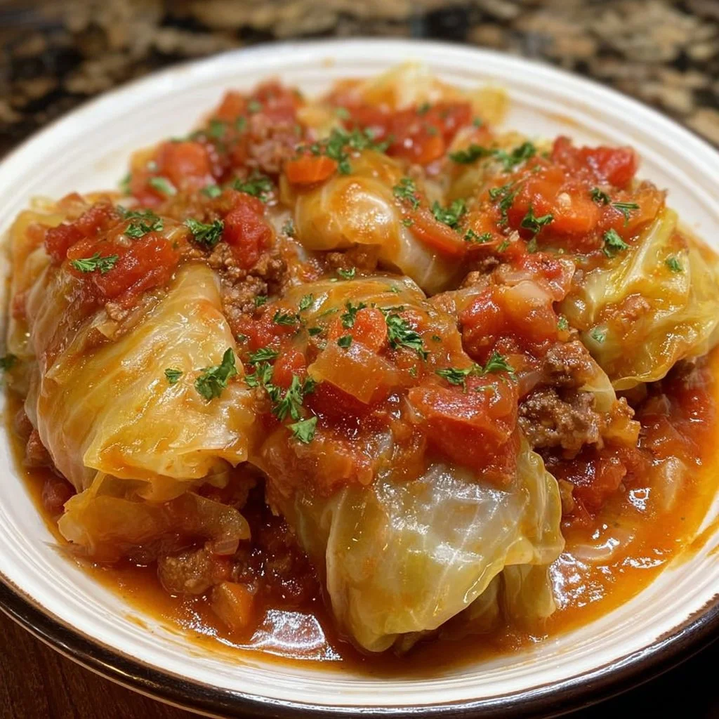 Bowl of slow cooker unstuffed cabbage rolls with rice and sauce