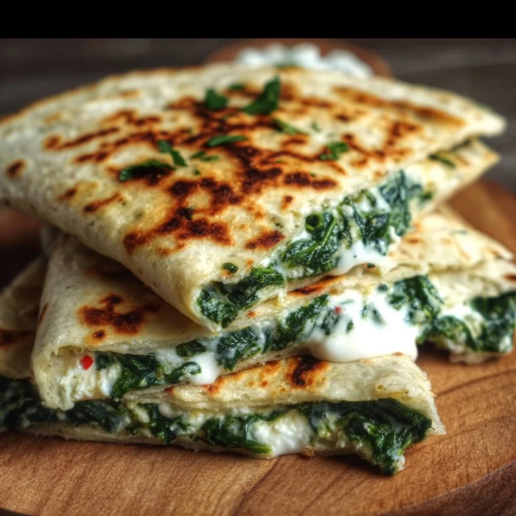 Spinach feta quesadillas on a plate with melted cheese and fresh ingredients