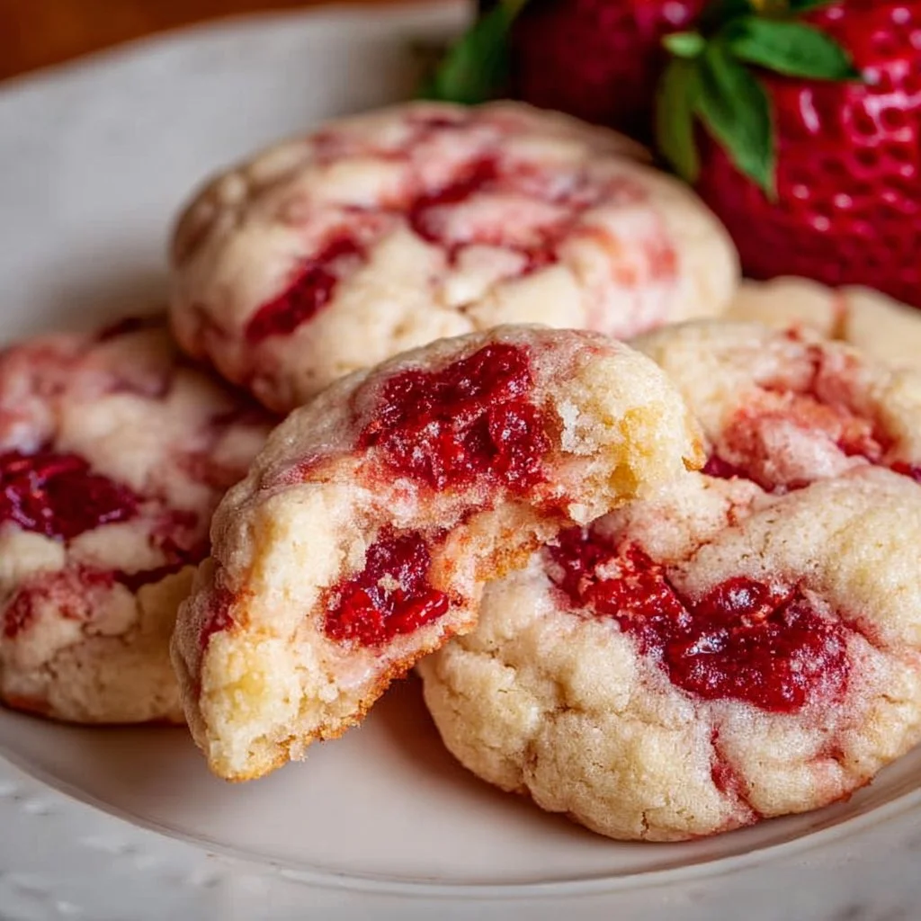 Strawberry cheesecake cookies topped with fresh strawberries and cream cheese icing
