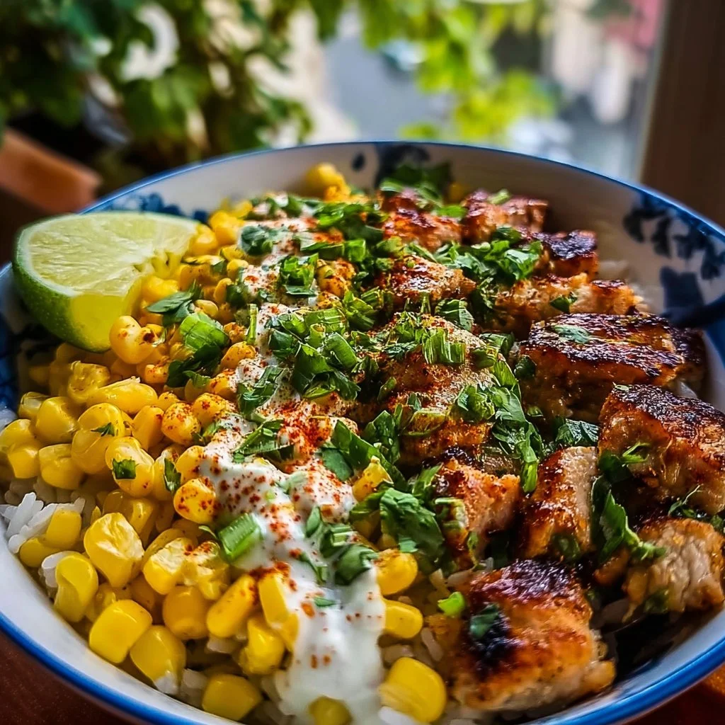 Delicious Street Corn Chicken Rice Bowl topped with savory corn and spices.