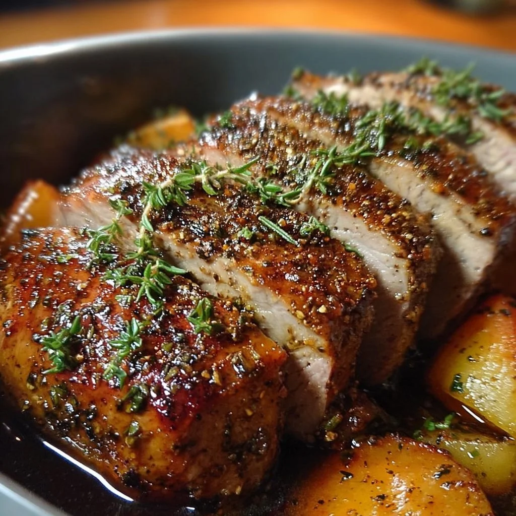 Tender pork loin cooked in a crock pot, garnished with herbs and vegetables.