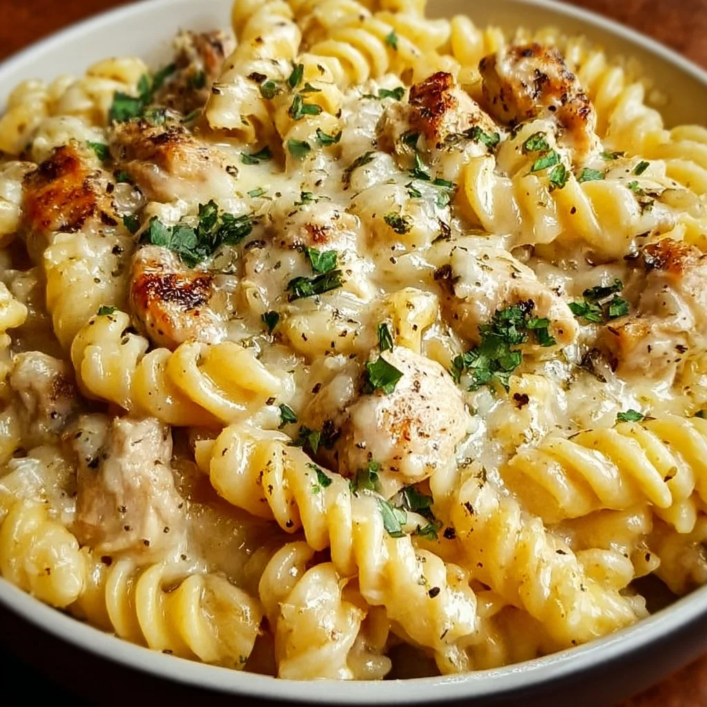 Crockpot garlic parmesan chicken pasta served with herbs and cheese.