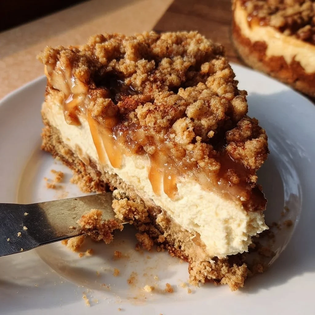 Vegan apple crumble cheesecake topped with a crumbly oat topping
