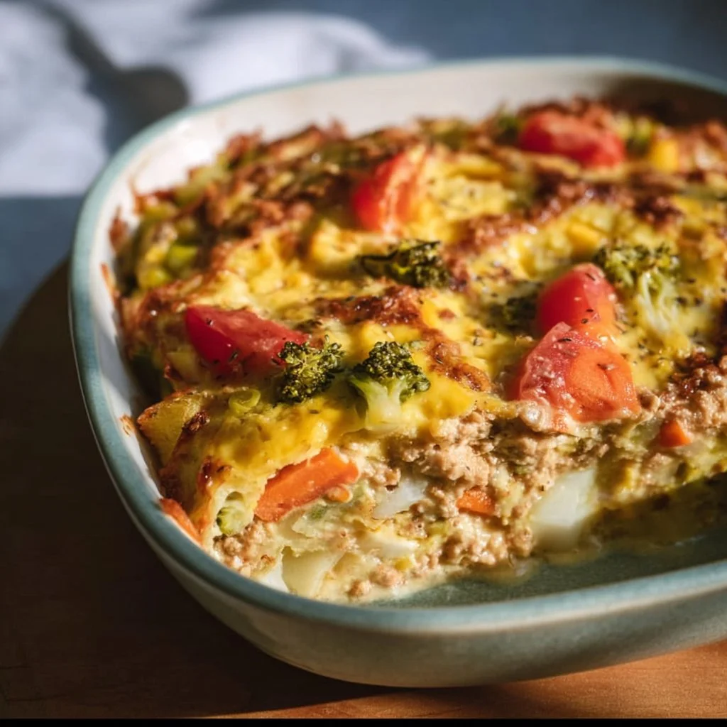Vegan high-protein casserole dish with colorful vegetables and grains