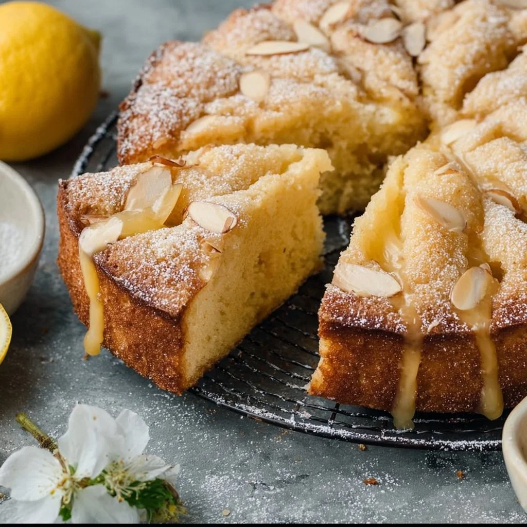 Vegan Lemon Curd Almond Cake topped with fresh lemon slices and mint.