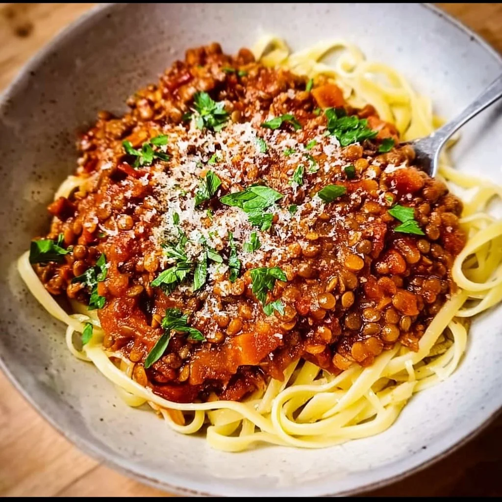 Delicious Vegan Lentil Bolognese served with pasta and fresh herbs