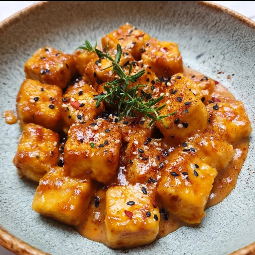Vegan Marry Me Tofu dish garnished with herbs on a white plate