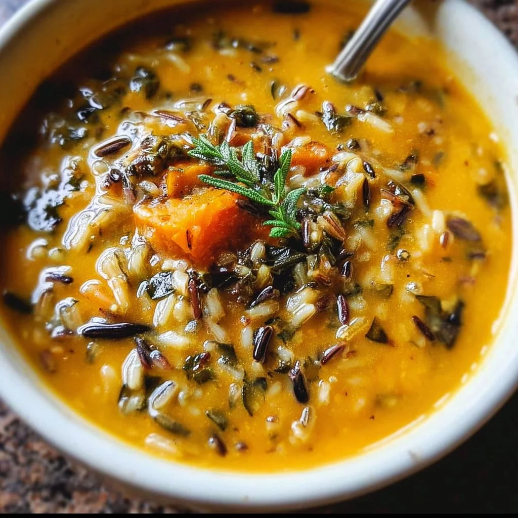 A bowl of vegan pumpkin wild rice soup topped with fresh herbs.