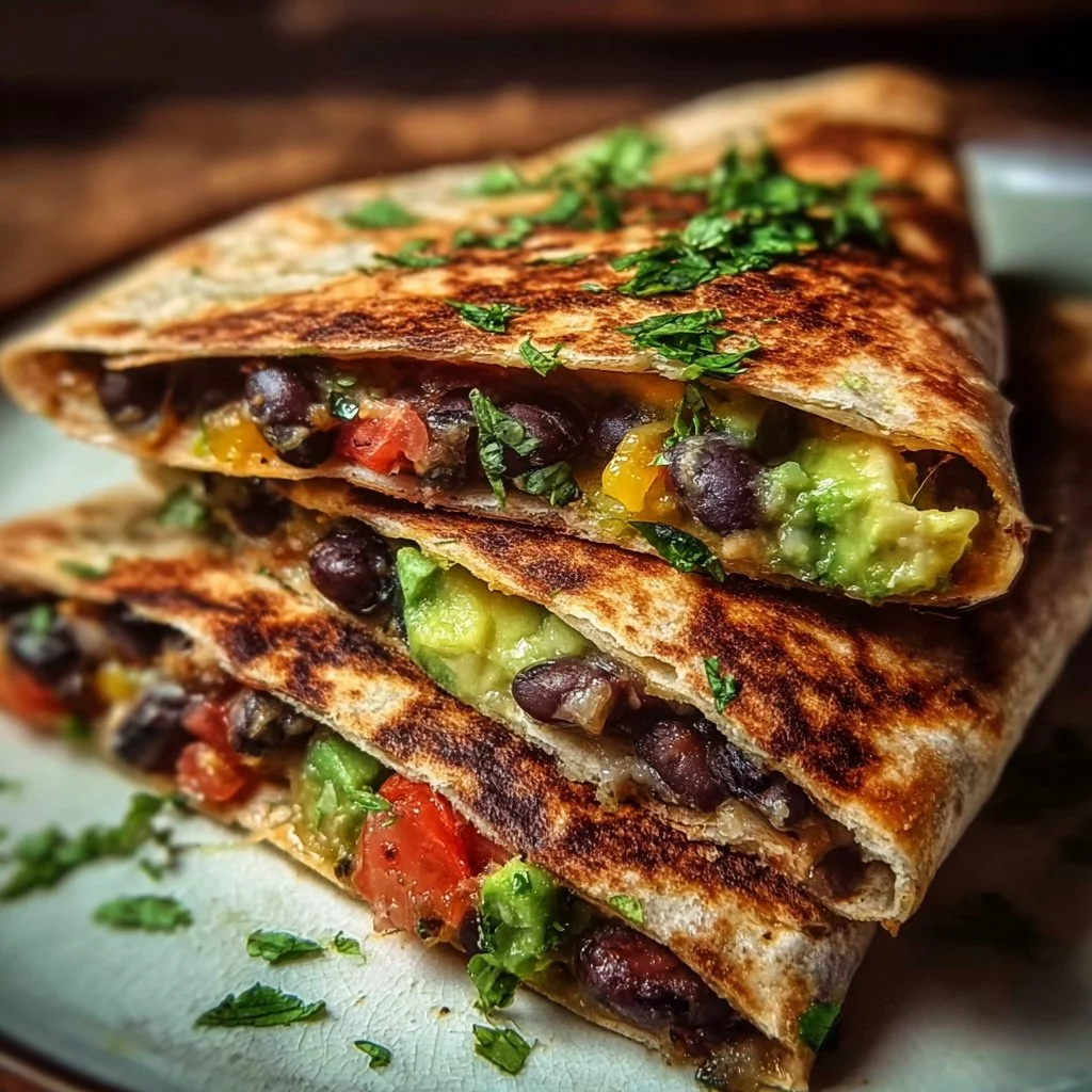 Delicious vegan quesadillas with black beans and creamy avocado served on a plate