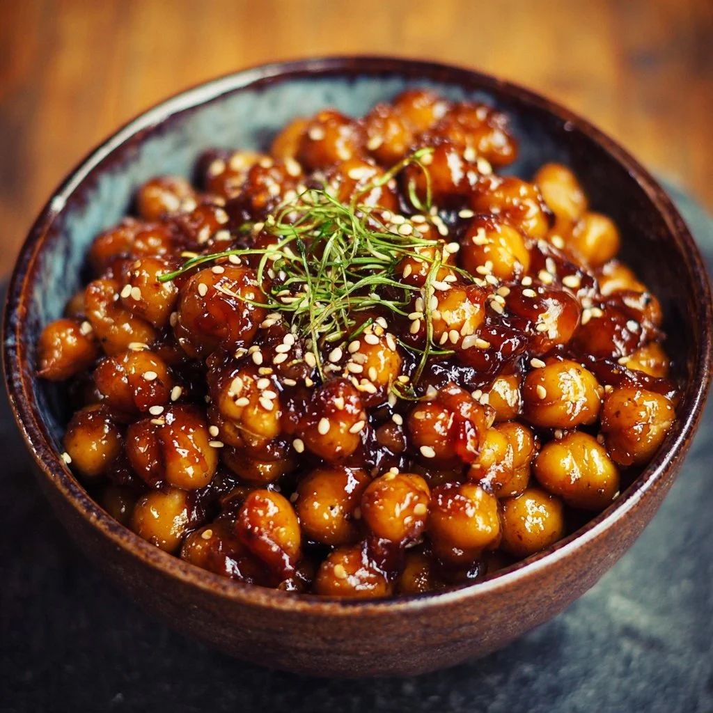Vegan Sticky Sesame Chickpeas served in a bowl, showcasing texture and toppings.