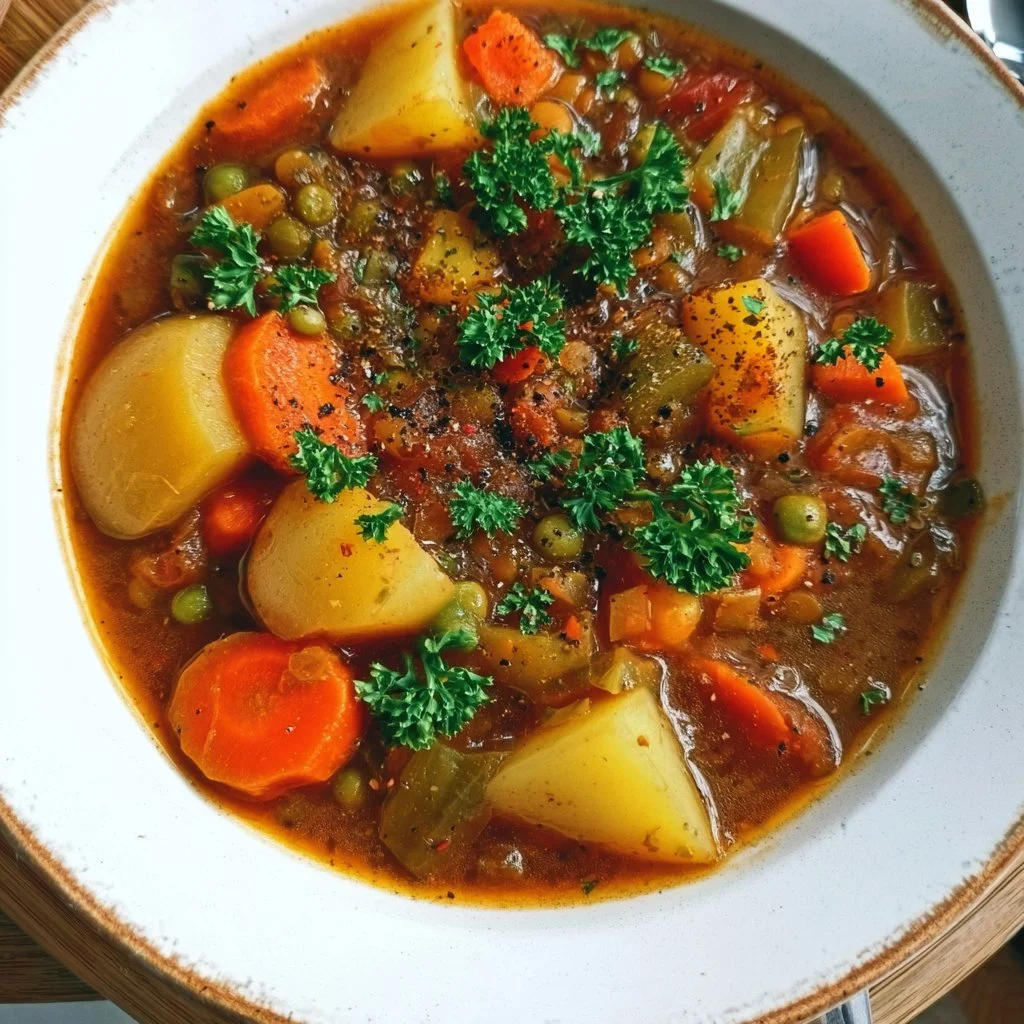 Delicious vegan vegetable stew full of fresh ingredients and vibrant colors