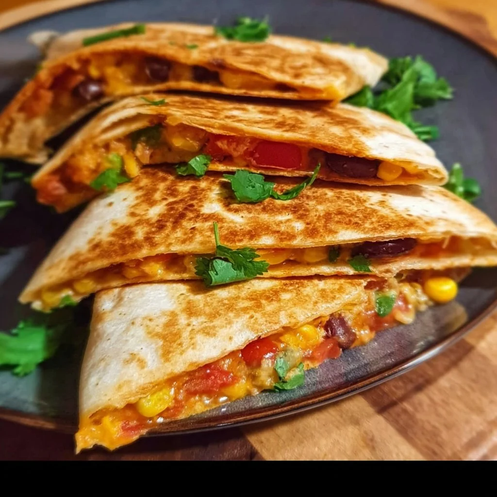 Plate of vegetarian quesadillas filled with colorful vegetables and melted cheese