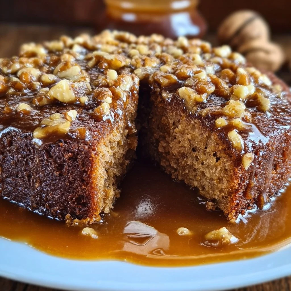 Gluten-free Walnut Cinnamon Cake topped with walnuts and cinnamon sugar