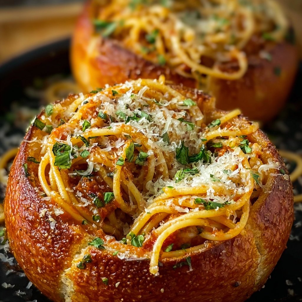 Spaghetti Garlic Bread Bowls