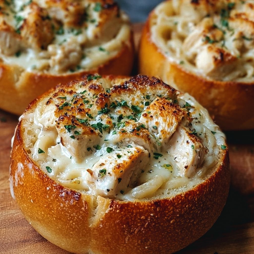 Chicken Alfredo Garlic Bread Bowls