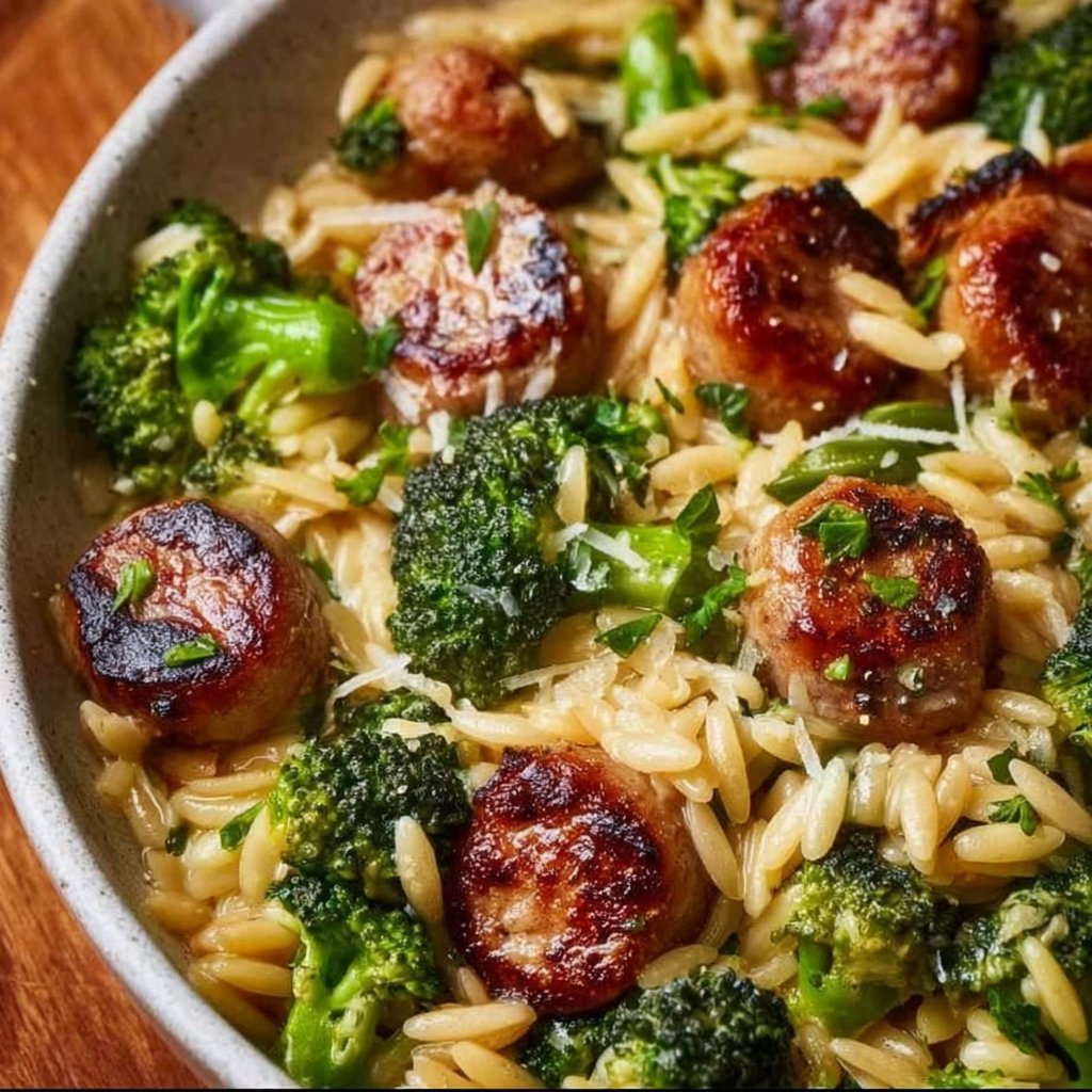 One-Pan Creamy Orzo with Chicken Sausage and Broccoli
