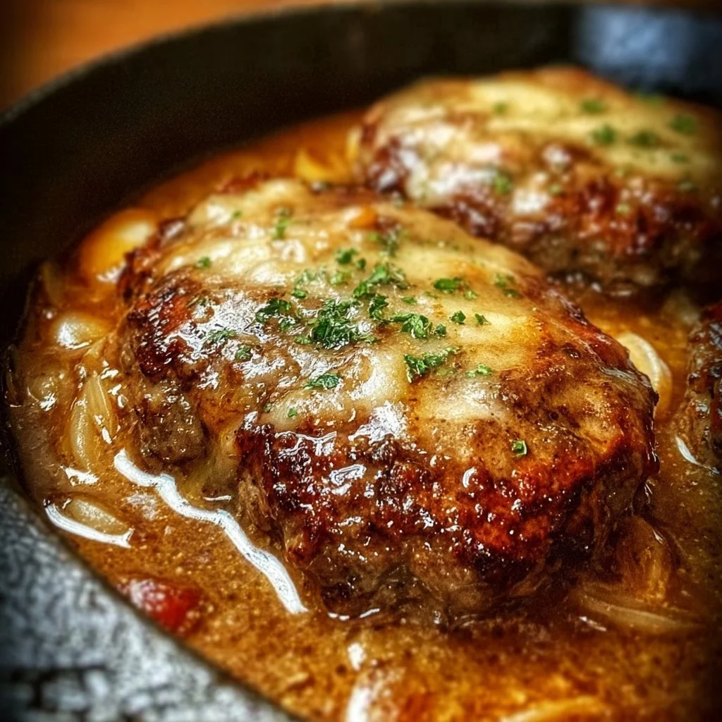 Amish Hamburger Steak Bake served on a plate, garnished and ready to enjoy.