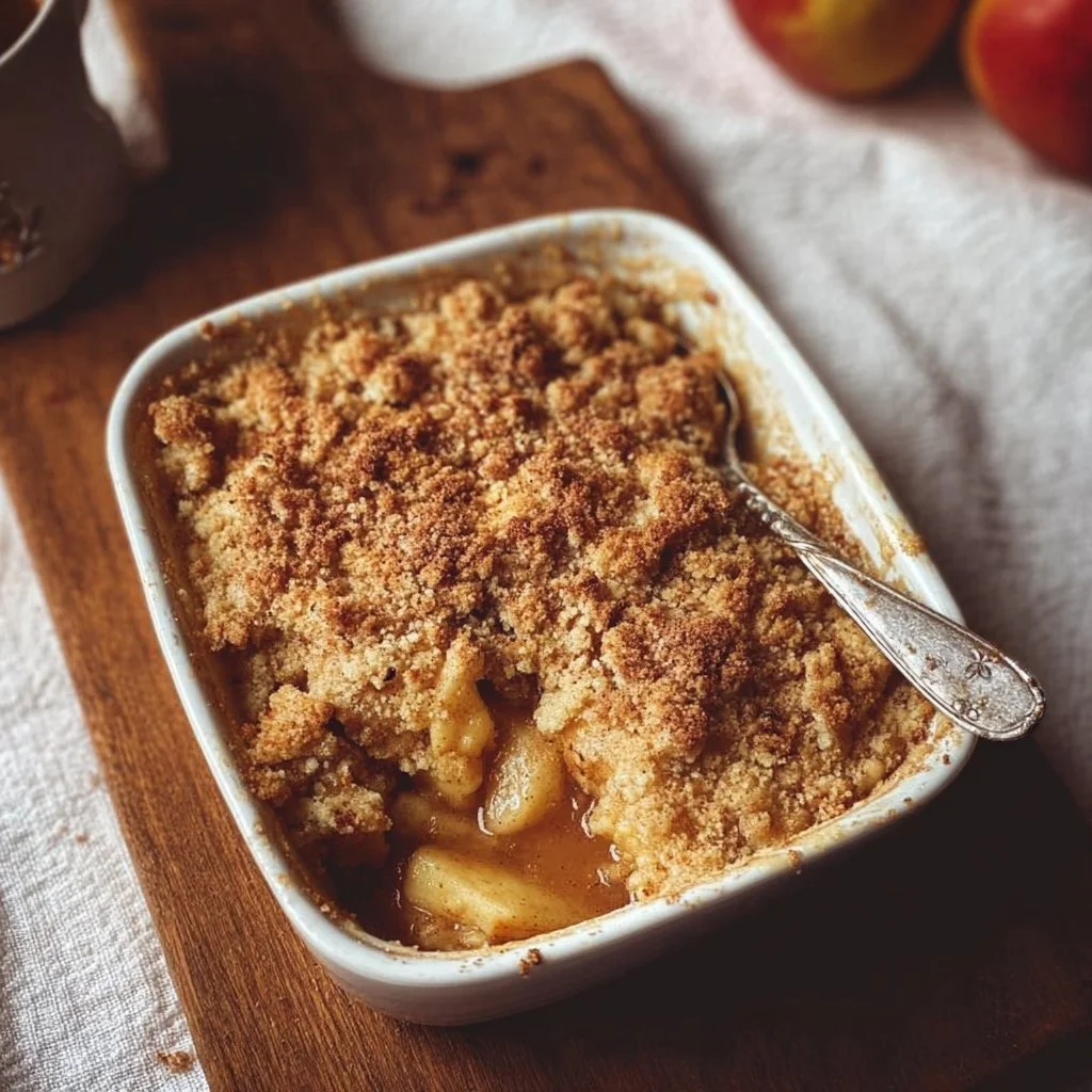 Deliciously baked apple crumble with golden topping and fresh apples