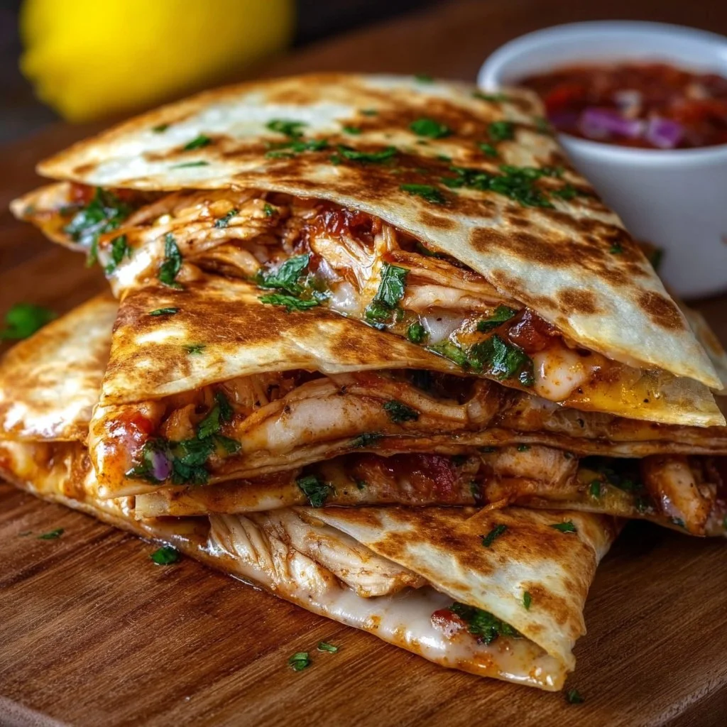 BBQ Chicken Quesadillas with melted cheese and crispy tortillas