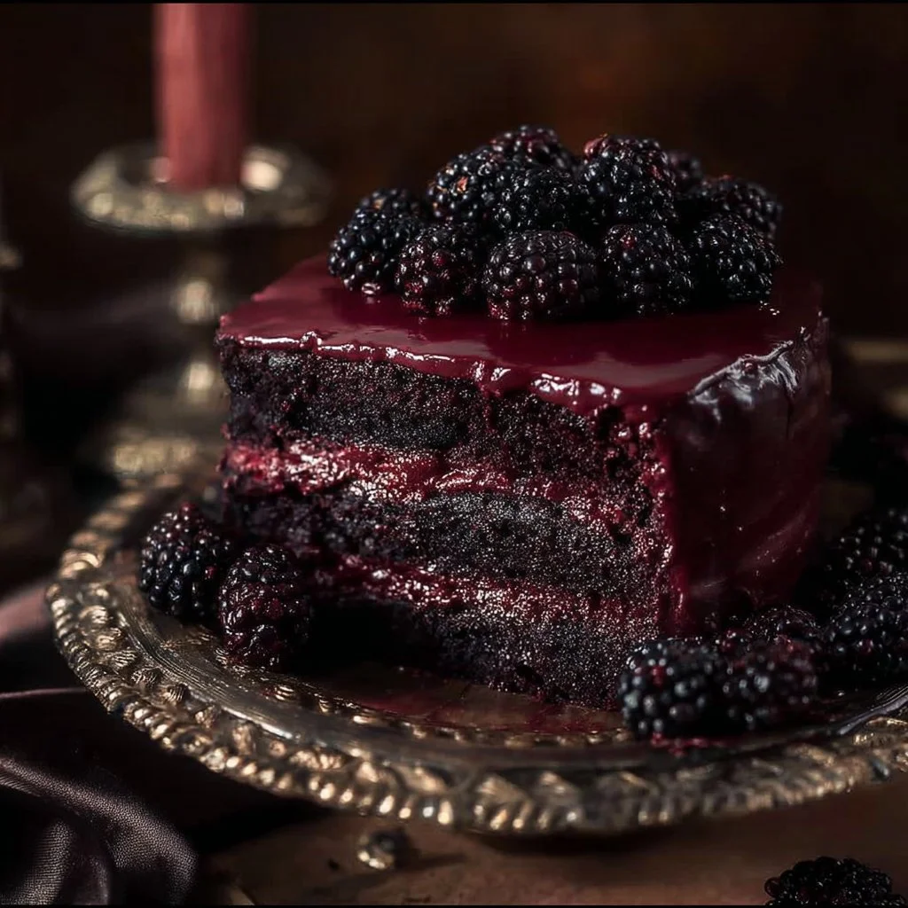 A decadent slice of Blackberry Velvet Gothic Cake topped with blackberries.