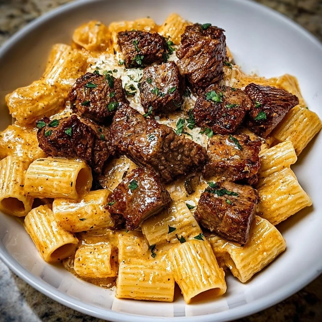 Cajun Steak Tips served with Creamy Parmesan Rigatoni